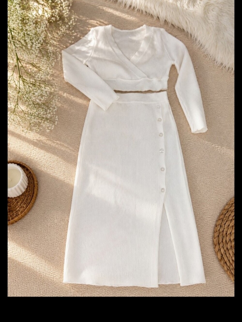 Women’s 2 Piece Knit Ribbed White Midi Skirt Set with Side Button Slit - Picture 2 of 2
